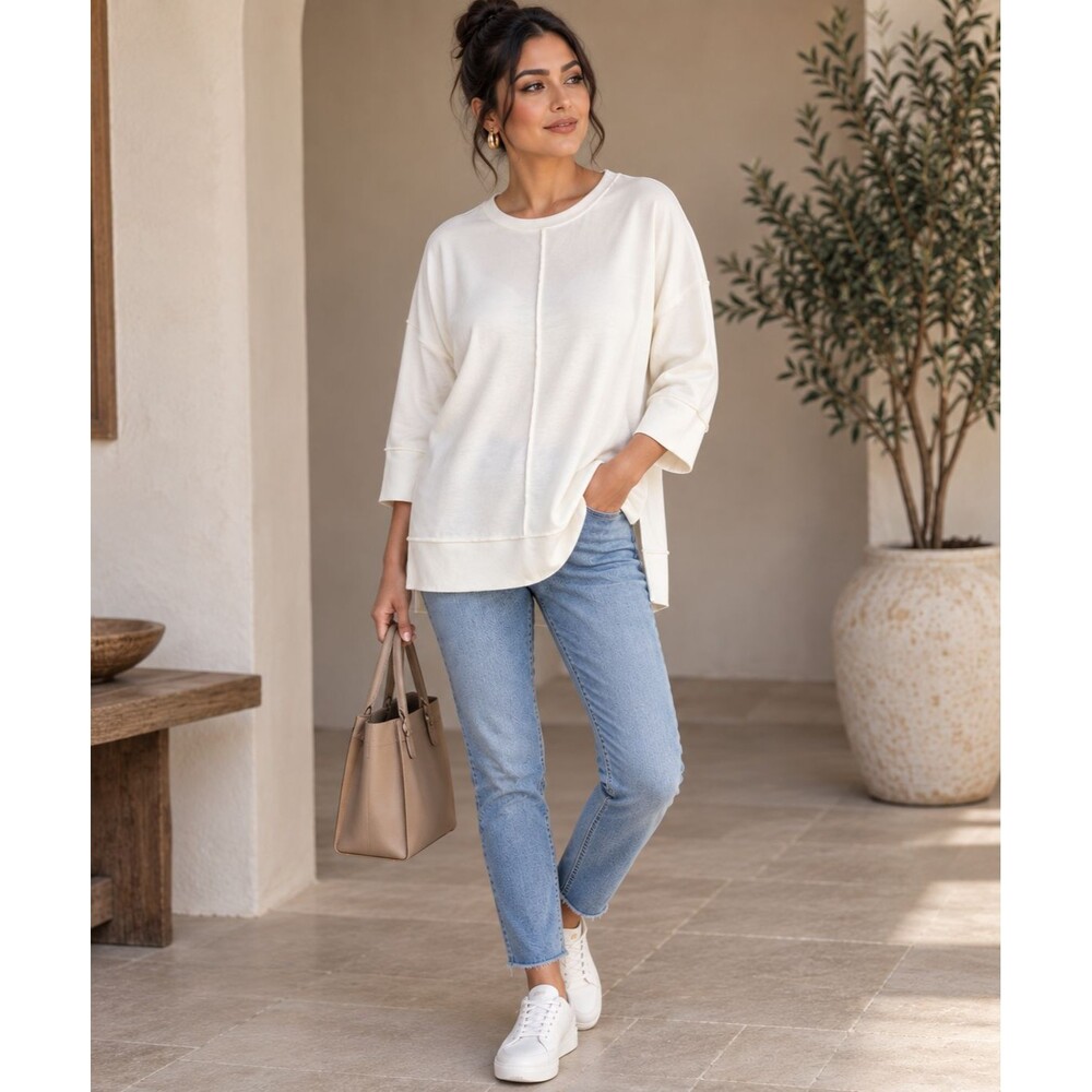 SPANX XS Ivory White Oversized Sweatshirt Tunic Exposed Seams 3/4 Sleeve Stretch